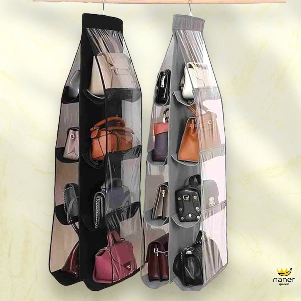 Double Sided Hanging Handbag 8 Compartment Organizer - Black